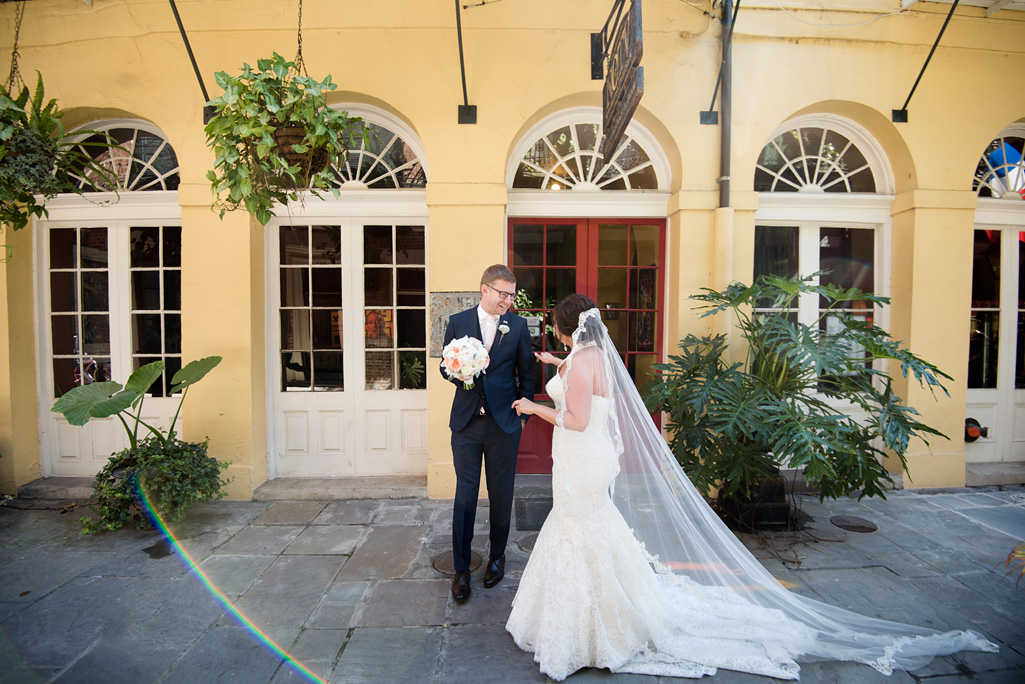 Couple greets each other at their wedding venue in New Orleans