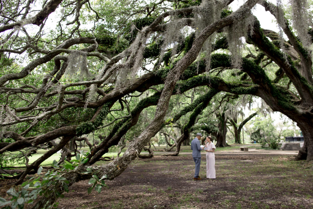 Elopement in New Orleans under Oak trees in city park